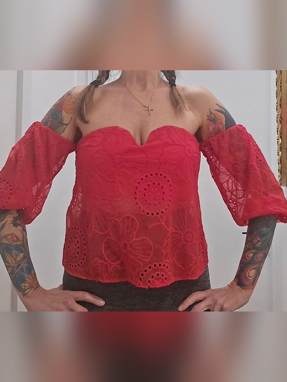 Guess Red Off/Cold -Shoulder Eyelet Floral Blouse